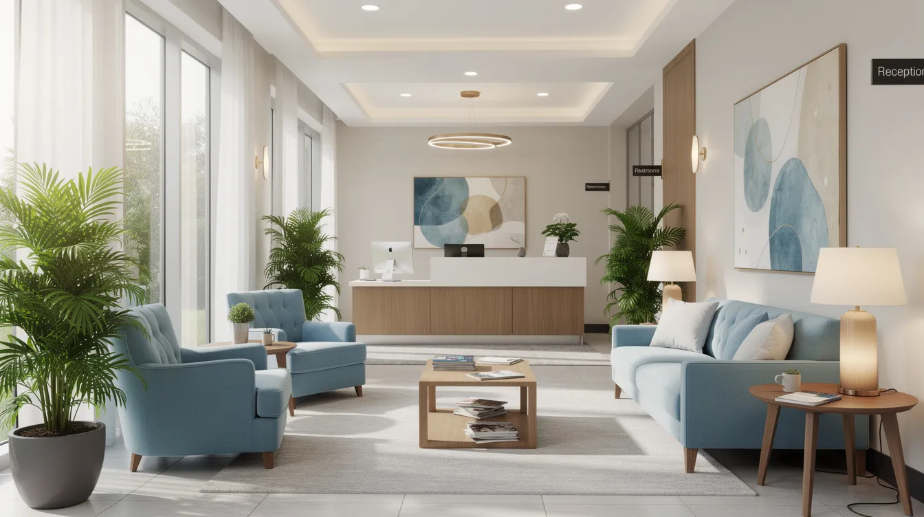 The image depicts a modern medical clinic waiting room designed to promote emotional health, featuring comfortable seating and calming decor that creates a welcoming atmosphere for individuals seeking therapy. This space is ideal for those looking to address mental health conditions through various forms of psychological therapy, including cognitive behavioral therapy (CBT) and talk therapy.