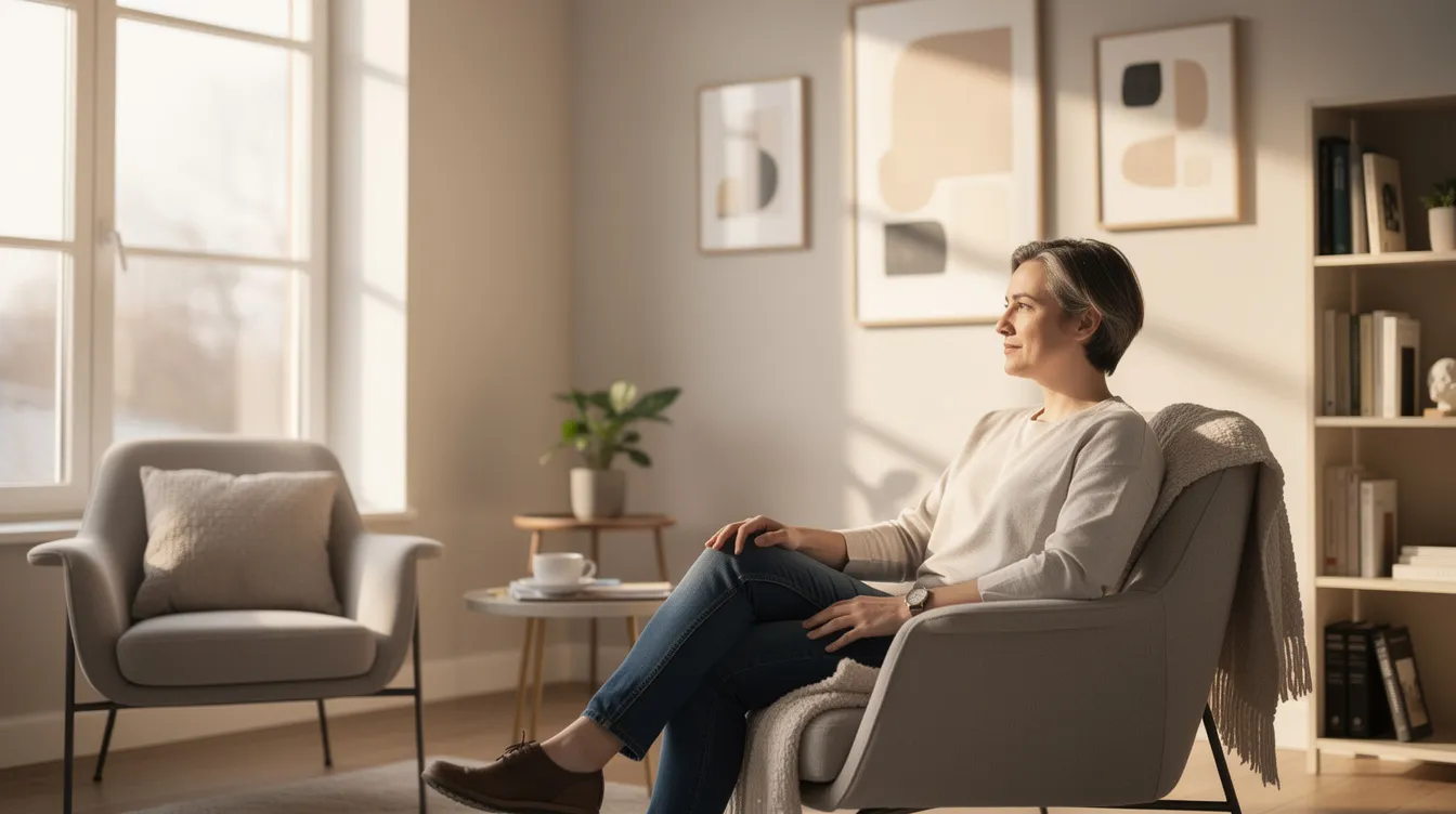 Person sitting in a sunlit living room, looking toward an empty chair by the window.