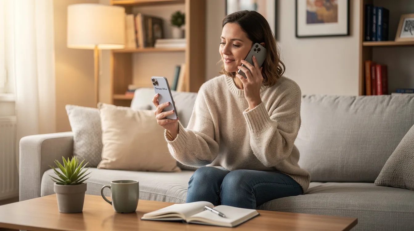 The image depicts a woman sitting comfortably in her living room, engaged in a phone call to schedule an appointment for individual therapy, reflecting her proactive approach to mental health treatment. Surrounding her are cozy furnishings that create a supportive atmosphere, highlighting the importance of emotional well-being in daily life.