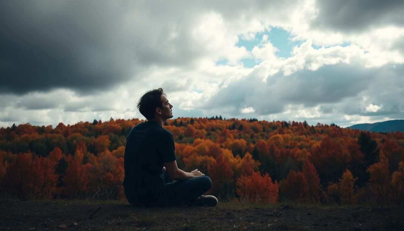 Man sitting on a hill, gazing up at cloudy sky, autumn forest in the background.