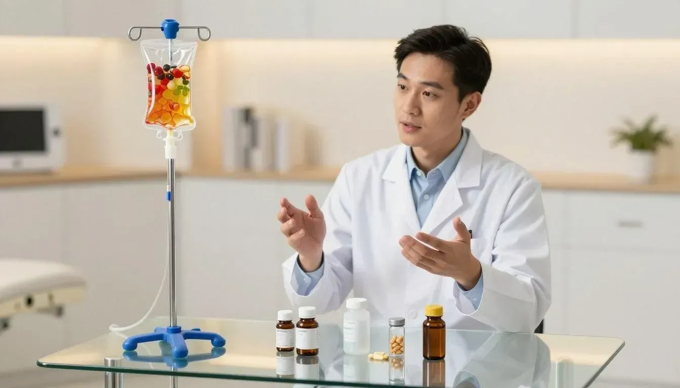 Scientist in a white lab coat explaining a colorful chemical setup in a bright laboratory