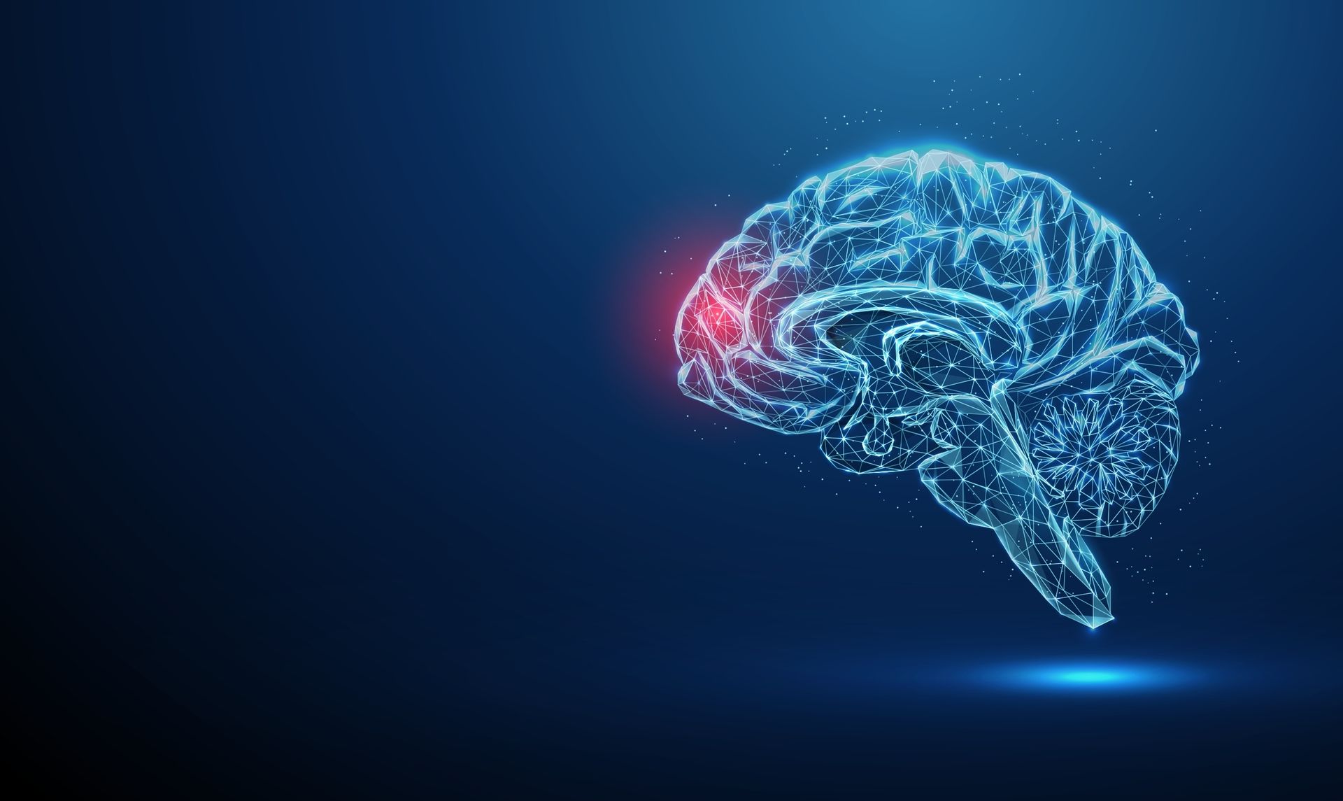 Digital brain illustration with red highlight, blue background.