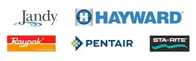 Logos of Jandy, Hayward, Raypak, Pentair, and Sta-Rite.