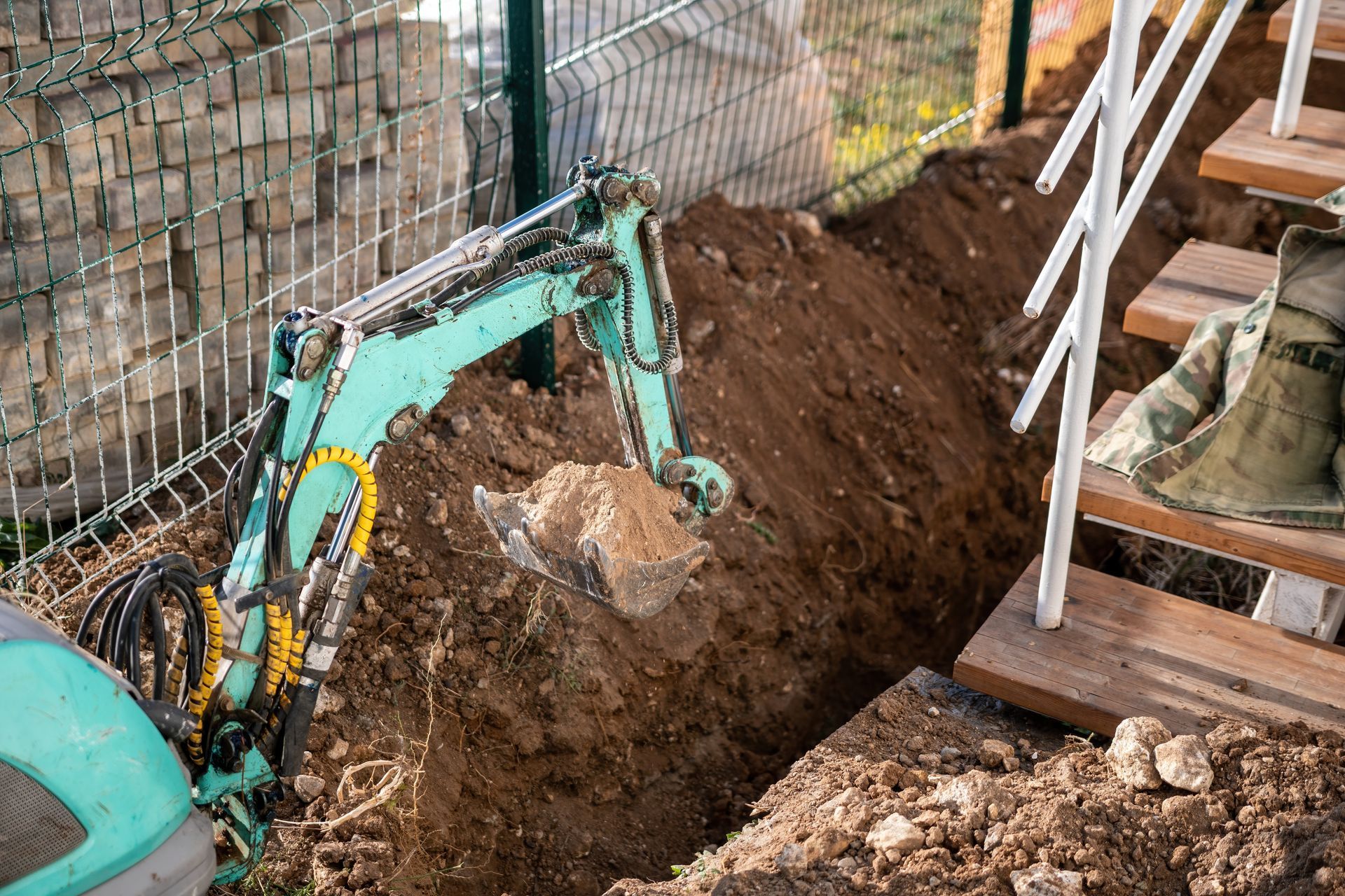 Small Excavator Digging in a Trench Next to Stairs and Fence — ALI Civil Pty Ltd in Shellharbour, NSW