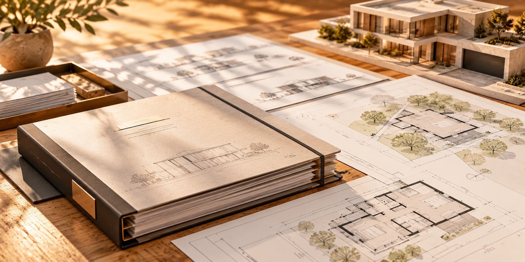 Modernes Einfamilienhaus als Architekturmodell auf Bauplänen im warmen Licht – für individuelle Neubau- und Hausplanung