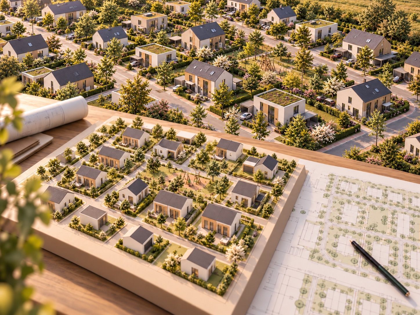Architekturmodell eines modernen Wohnquartiers mit Einfamilienhäusern, Grünflächen und Lageplan zur 