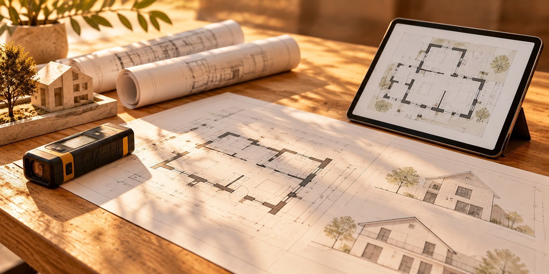 Architekturmappe mit Bauzeichnungen und Hausmodell auf einem Planungstisch – als Grundlage für Entwurf und Hausplanung.