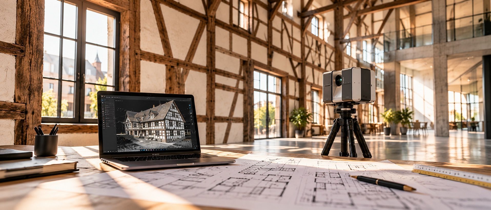 3D-Laserscanner in historischem Fachwerkgebäude mit Grundriss und digitalem 3D-Bestandsmodell auf einem Notebook.