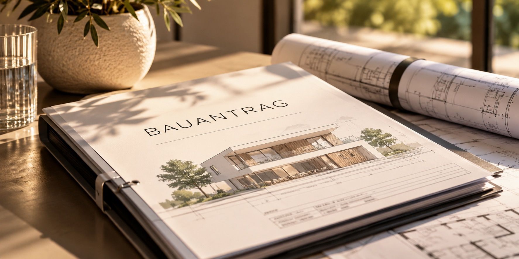 Modernes Einfamilienhaus als Architekturmodell auf Bauplänen im warmen Licht – für individuelle Neubau- und Hausplanung