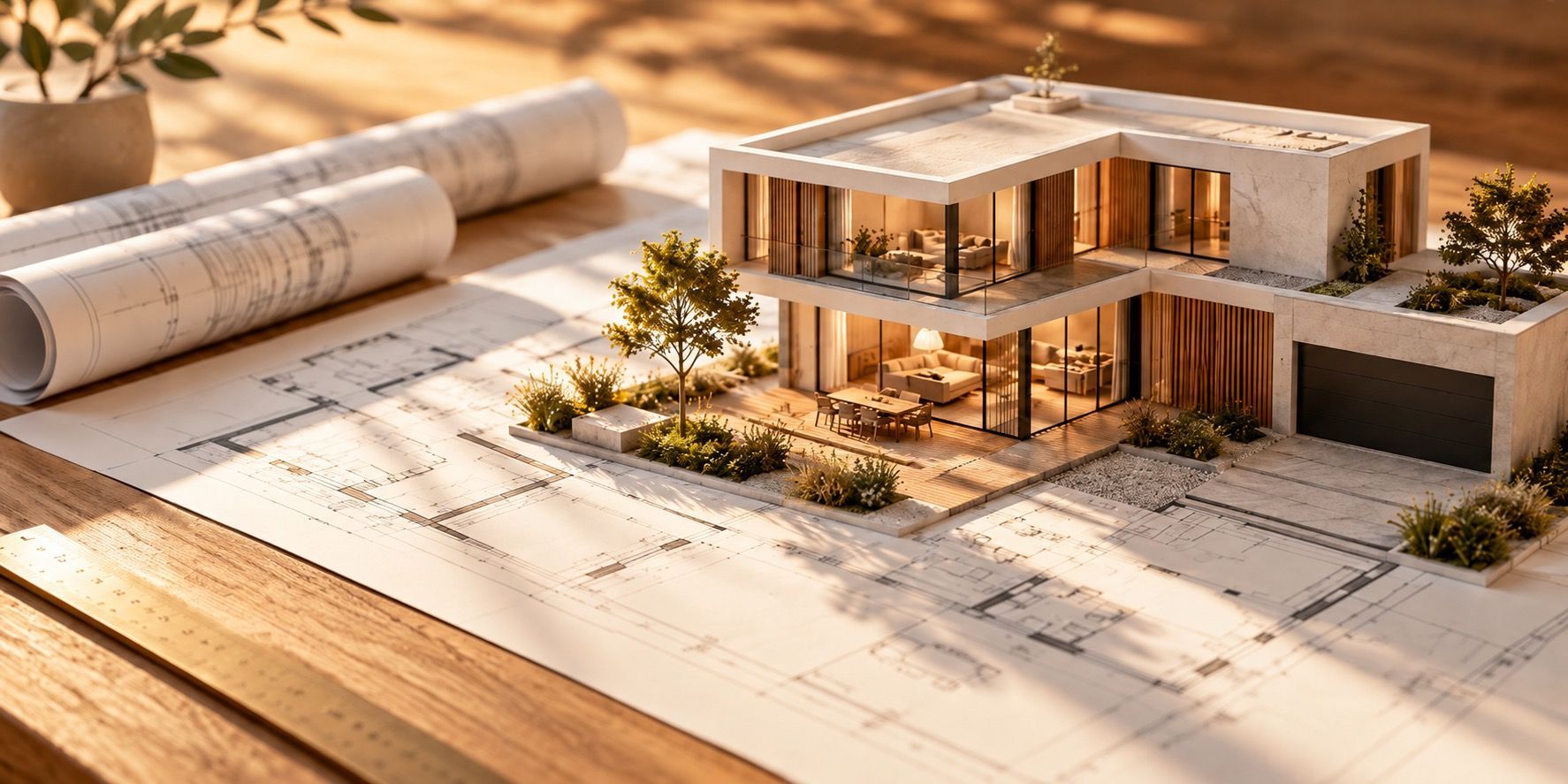 Modernes Einfamilienhaus als architektonisches Modell auf ausgebreiteten Bauplänen für die Themen Hausplanung und Entwurf.