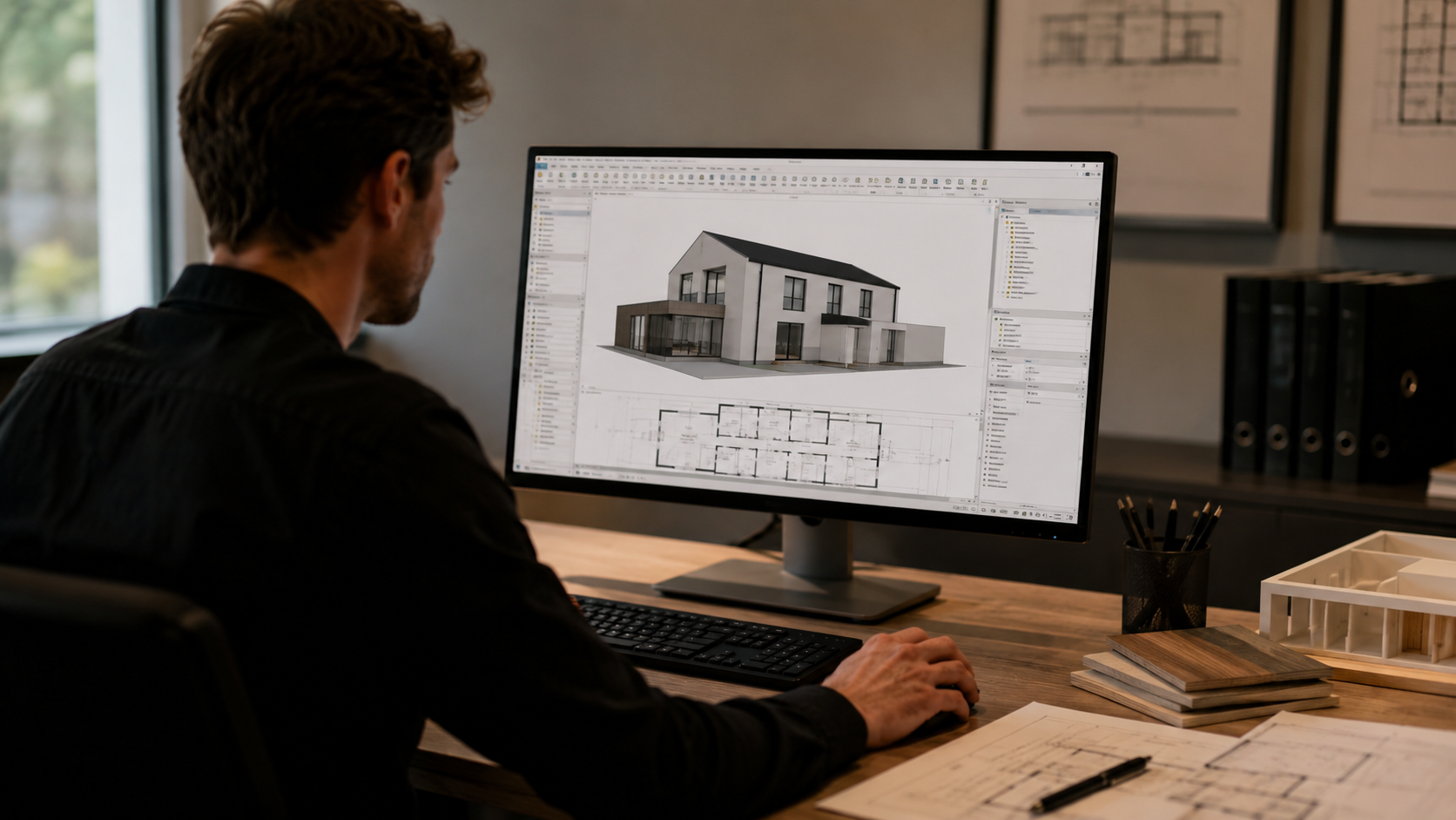 Architekt arbeitet im Zeichenbüro an der 3D-Planung eines individuellen Wohnhauses.
