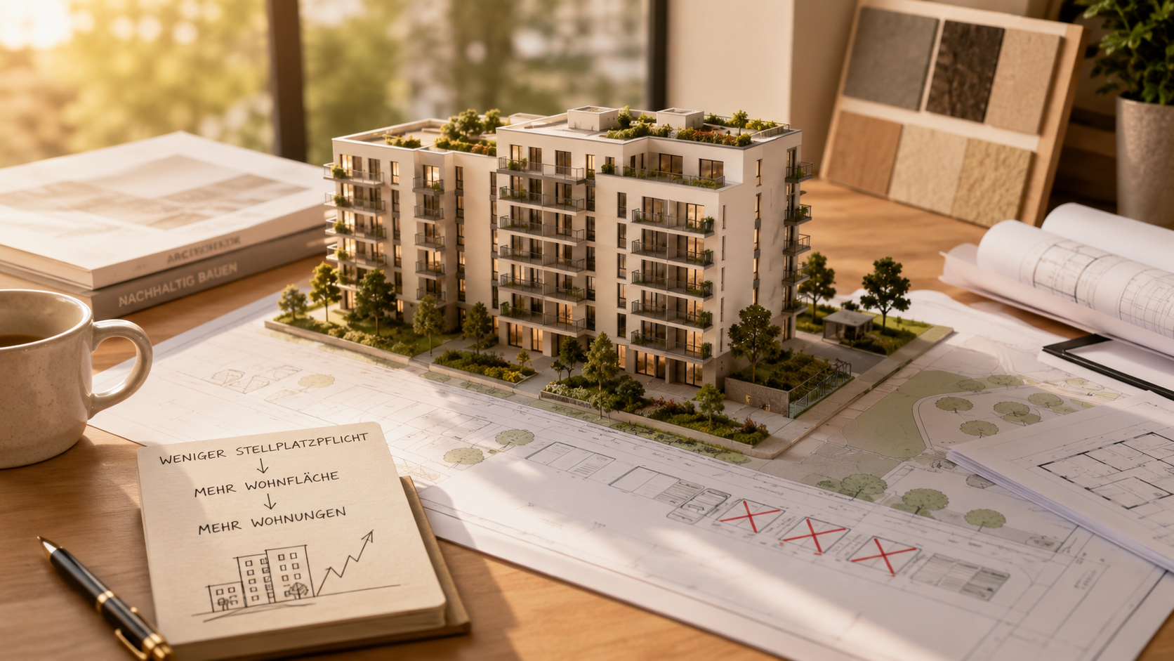 Planungsunterlagen eines Mehrfamilienhauses neben Bauunterlagen und Berechnungen