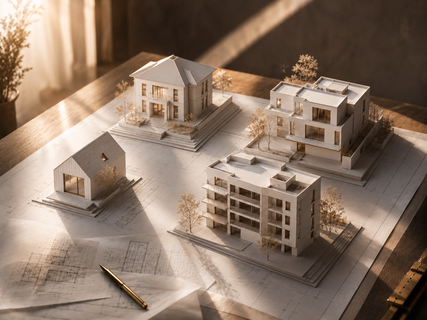 Architekturmodelle auf Bauplänen als Symbol für die vollständige Vorbereitung eines Bauantrags.
