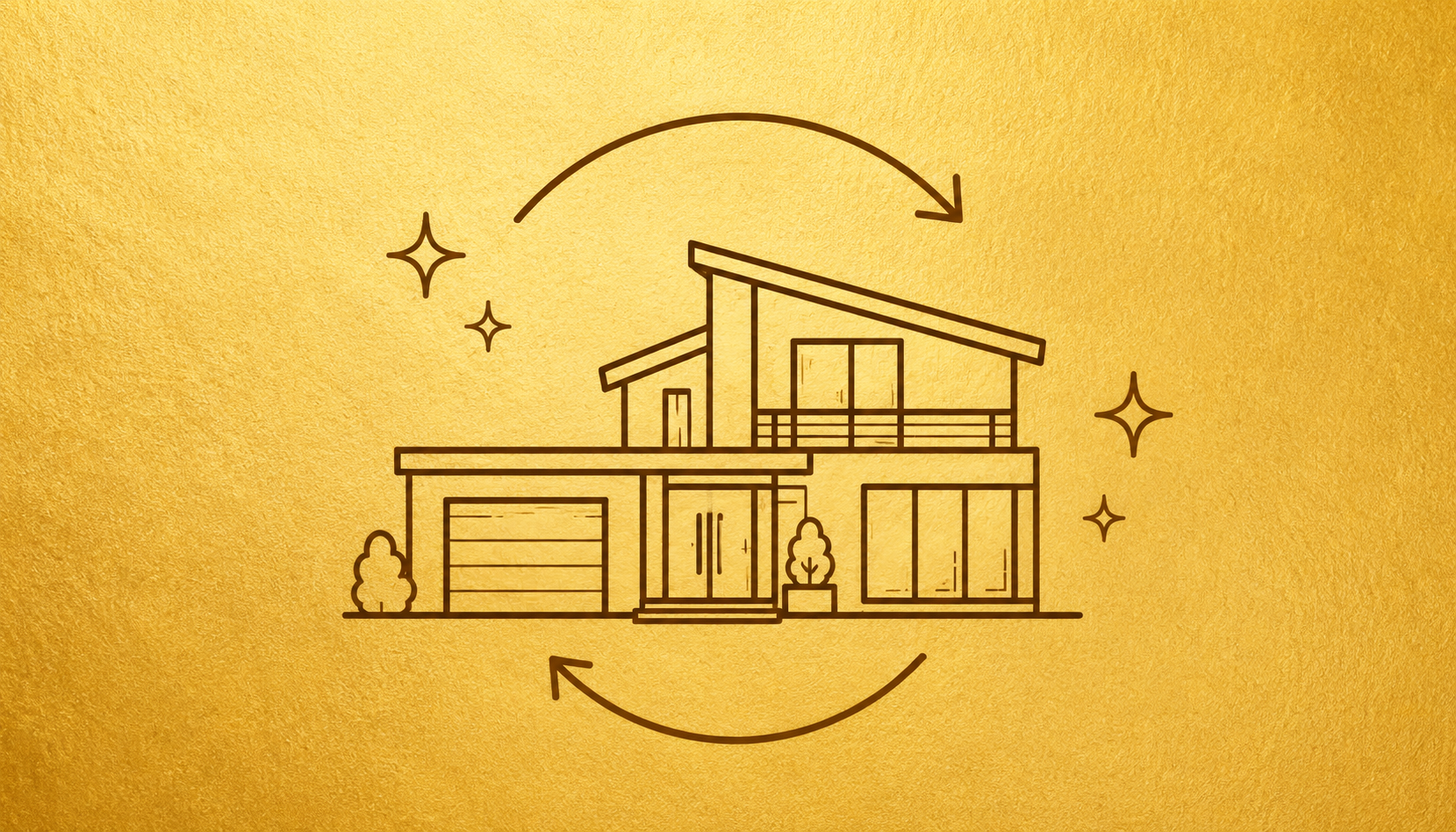 Modernes Haus mit kreisförmigen Pfeilen als Symbol für Modernisierung im Bestand