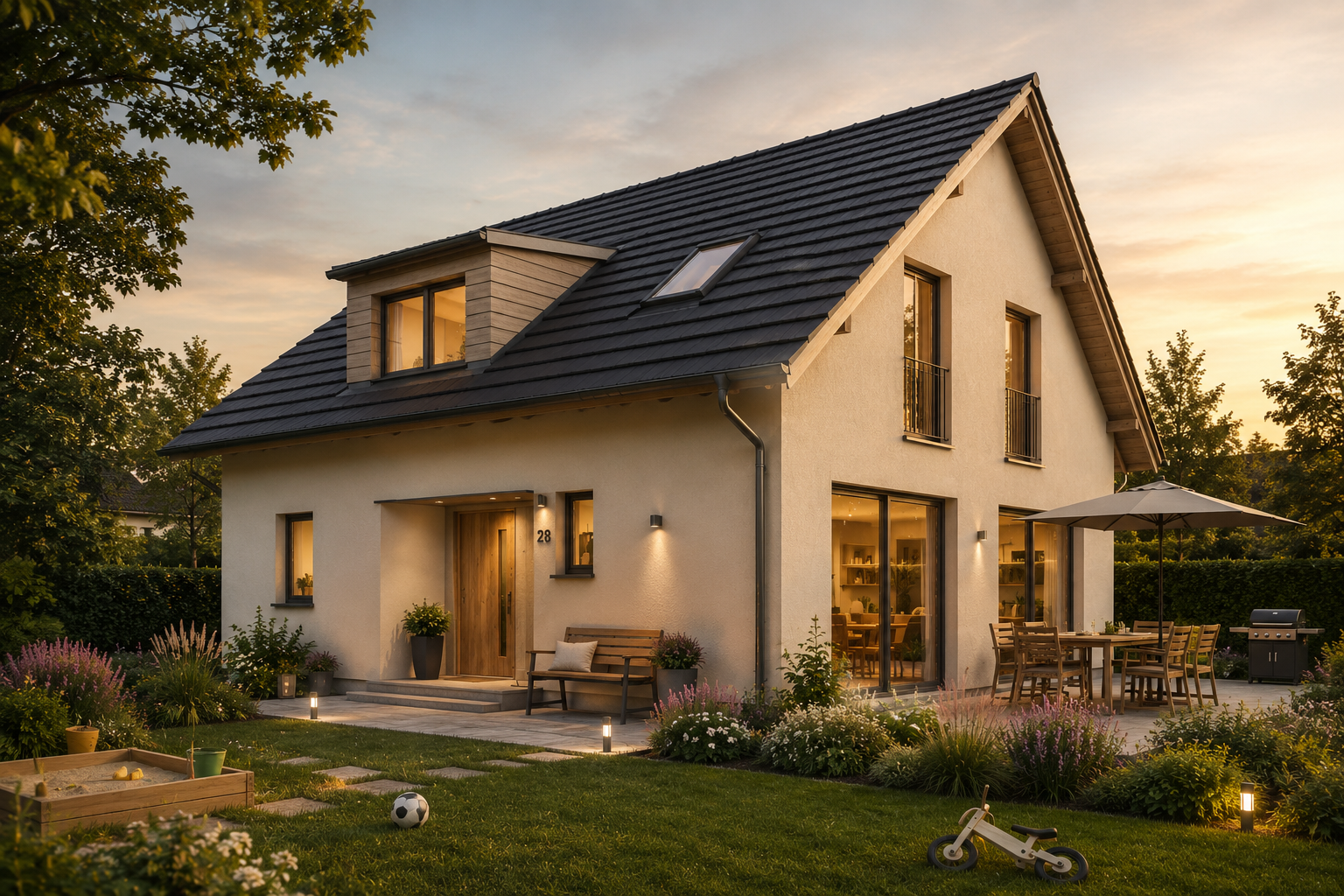 Einfamilienhaus im Sonnenuntergang mit dunklem Dach, beleuchteten Fenstern, Garten und Sitzgelegenheiten auf der Terrasse.