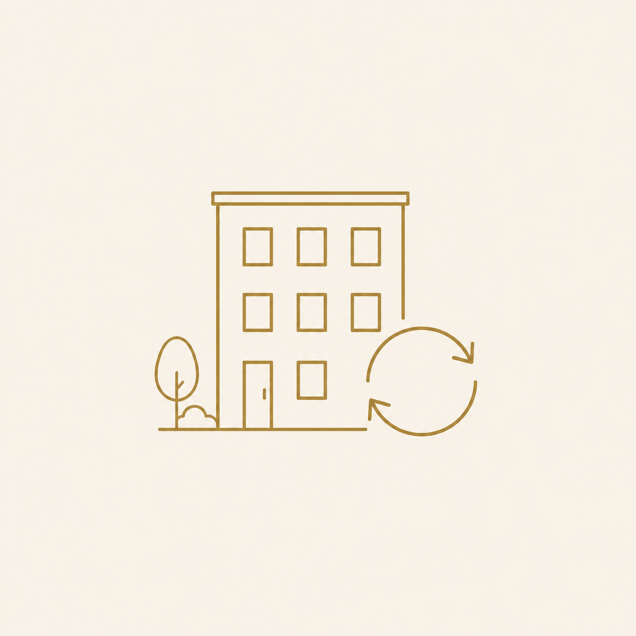 Icon Bestandsgebäude mit Pfeilsymbol als Hinweis auf neue Nutzung