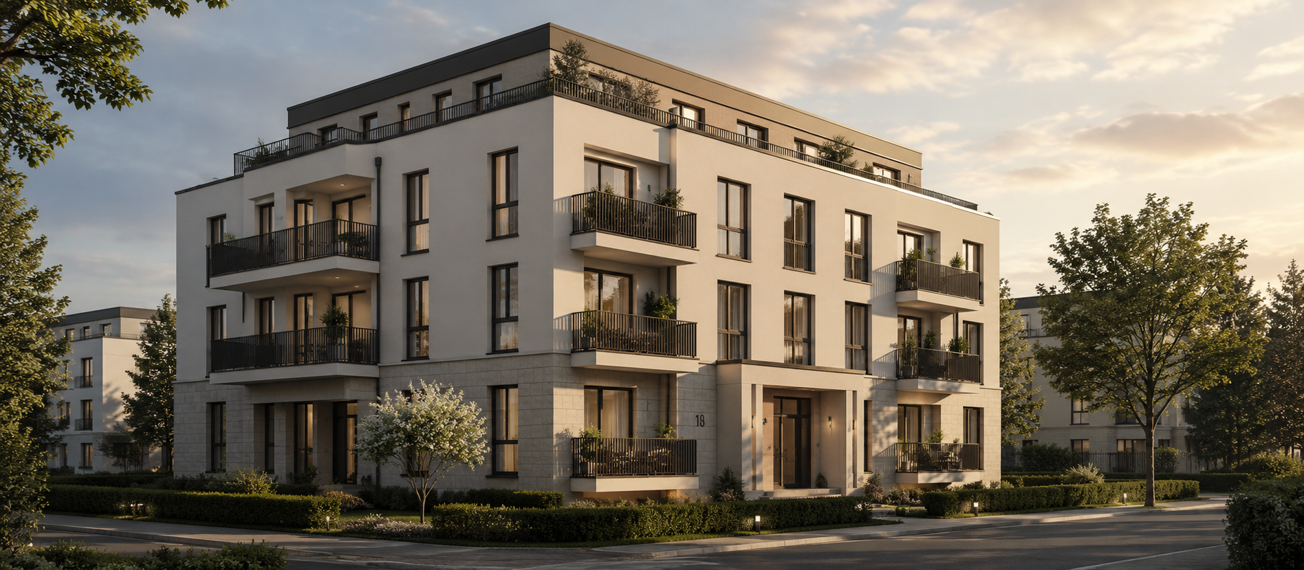 Moderne Stadtvilla mit klarer Fassade, großen Fenstern, hellem Eingangsbereich und gepflegtem Garten bei warmem Abendlicht.