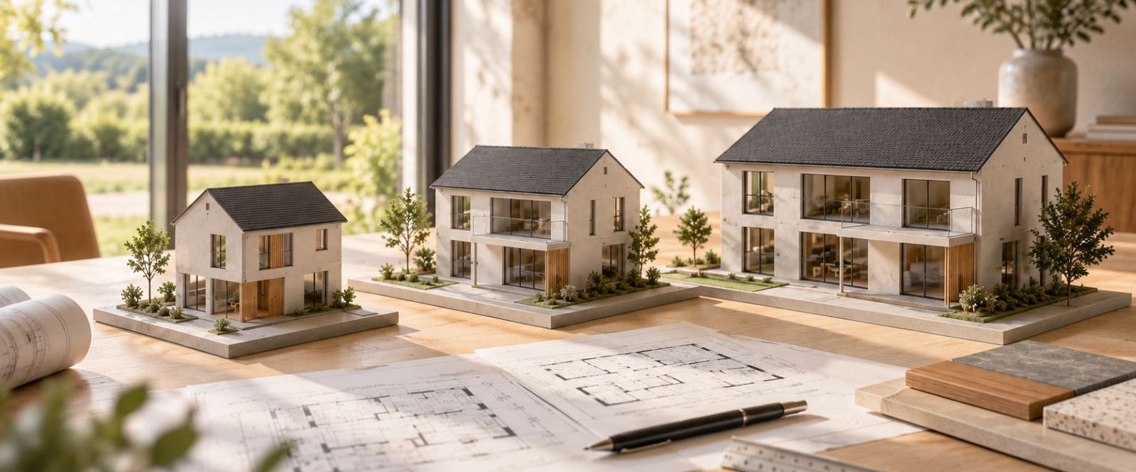 Verschiedene Hausgrößen und Wohnkonzepte als Grundlage für die individuelle Planung eines Neubaus.