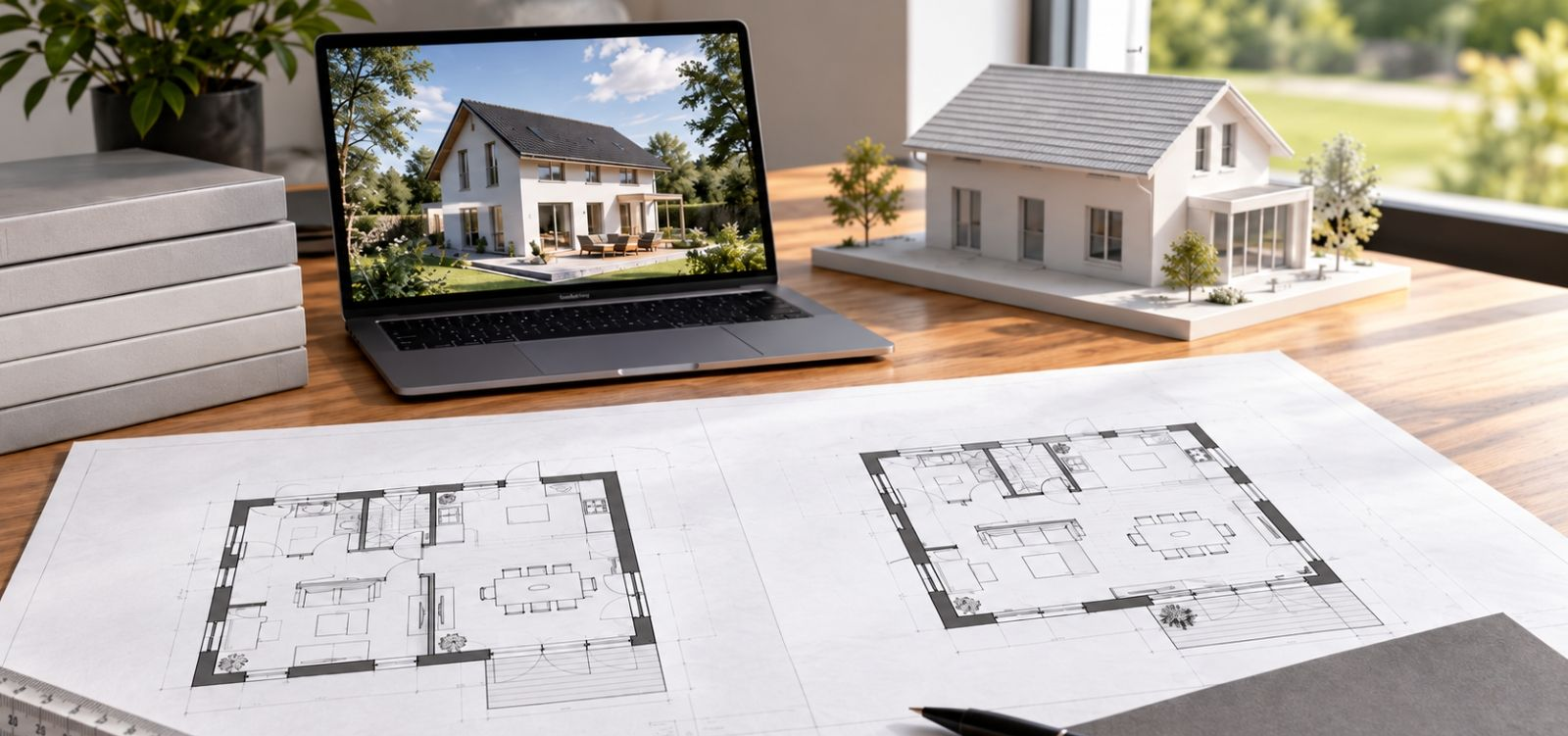 Hausplanung mit Grundrissen, 3D-Modell und digitaler Darstellung als Grundlage für einen Bauantrag.