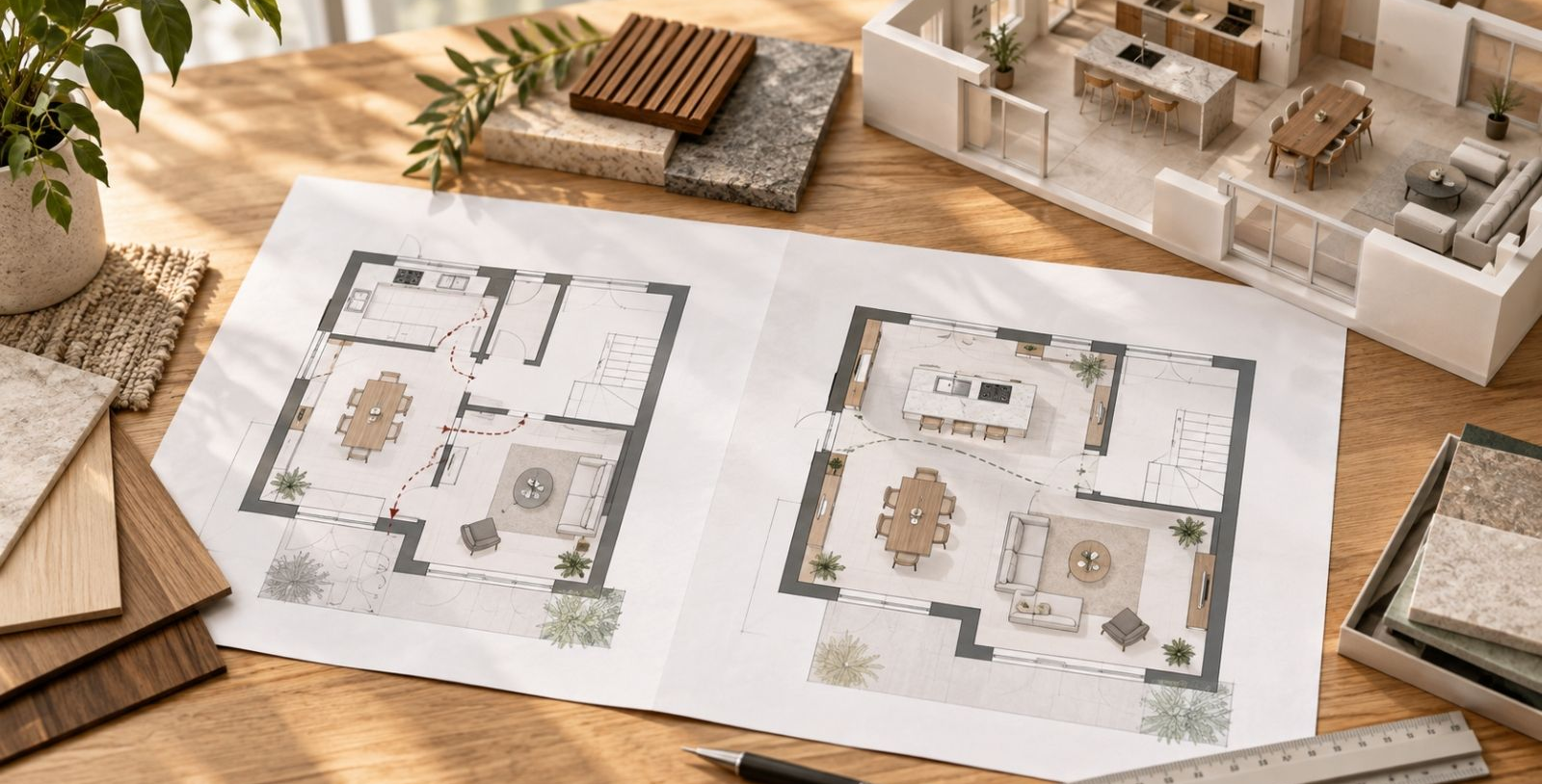 Architekturpläne liegen auf einem Holztisch, daneben ein Laptop und Designmaterialien.