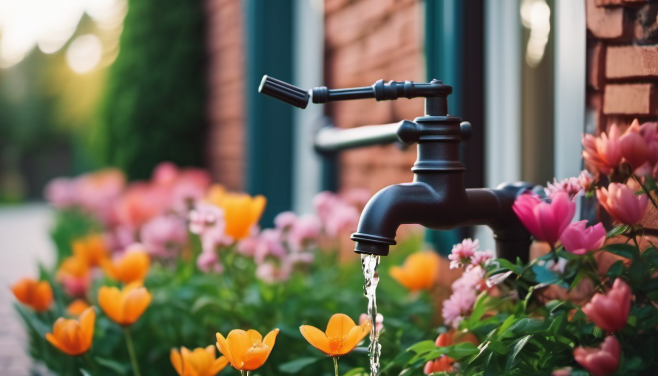 Outdoor faucet surroun
ded by spring flowers. Spring plumbing maintenence
