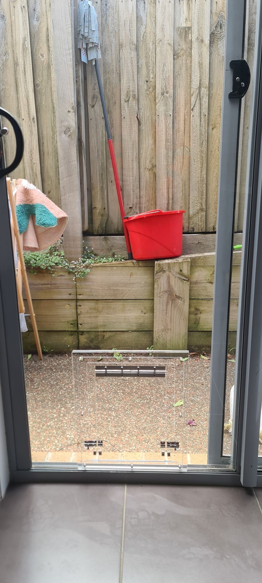 A red bucket is hanging on a wooden fence next to a window.