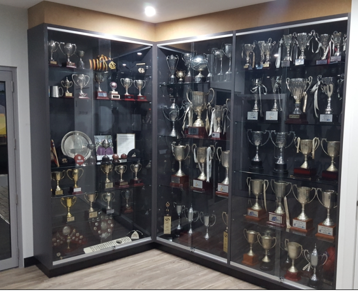 Trophies displayed in illuminated glass cabinets; a corner setting in a room.