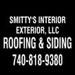 Business sign for Smitty's Interior Exterior, LLC, featuring roofing and siding services and the phone number 740-818-9380.