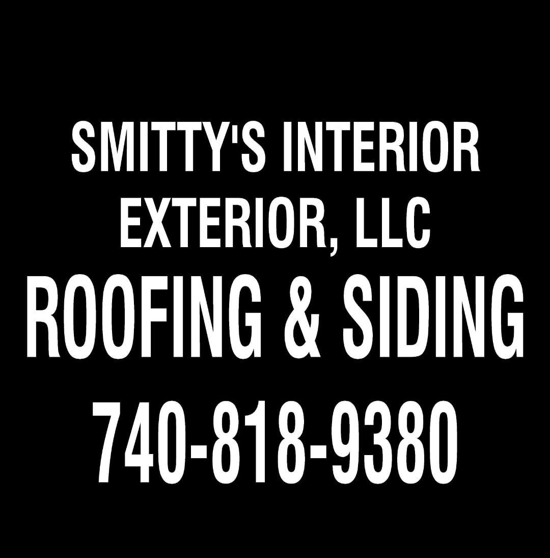 Business sign for Smitty's Interior Exterior, LLC, featuring roofing and siding services and the phone number 740-818-9380.