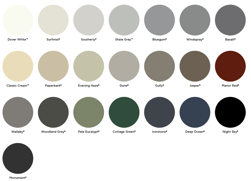 Color palette chart with labeled circular swatches in beige, gray, green, brown, maroon, and black tones