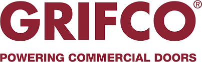 GRIFCO logo in maroon with the tagline “POWERING COMMERCIAL DOORS” on a white background
