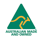 Australian Made and Owned logo with green triangle and yellow kangaroo