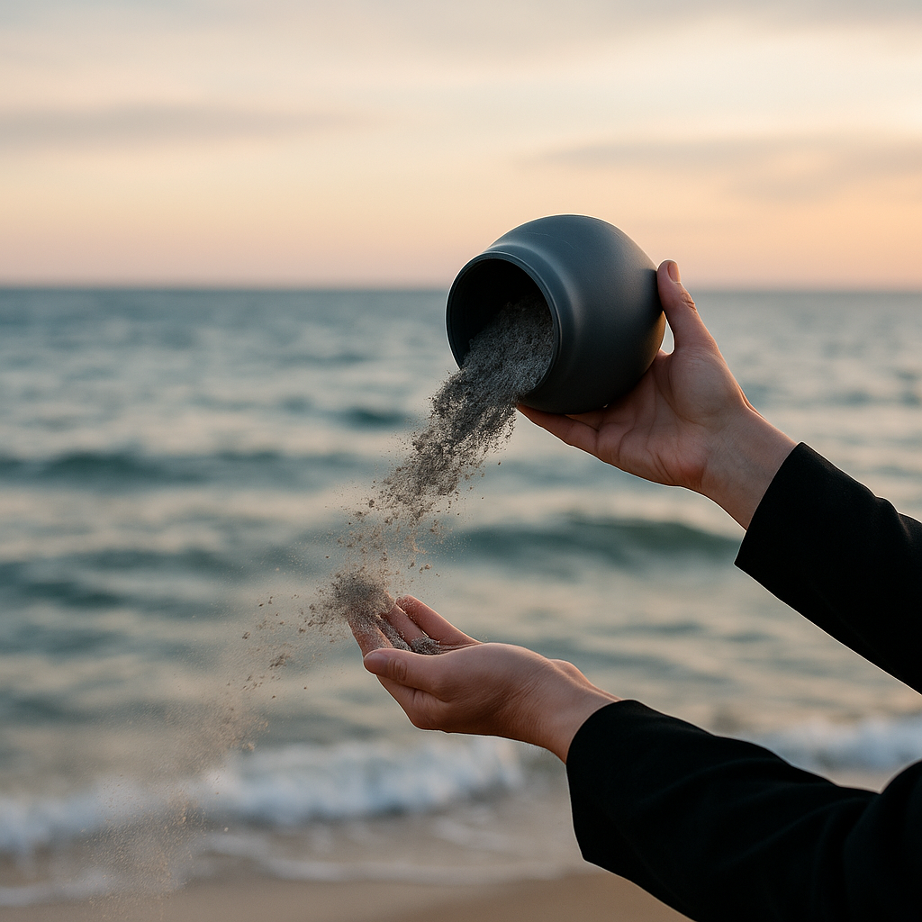 Mani che versano sabbia scura da un contenitore nero su una spiaggia al tramonto.