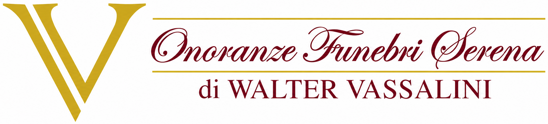 Logo per Onoranze Funebri Serena di Walter Vassalini, in oro e bordeaux su sfondo bianco