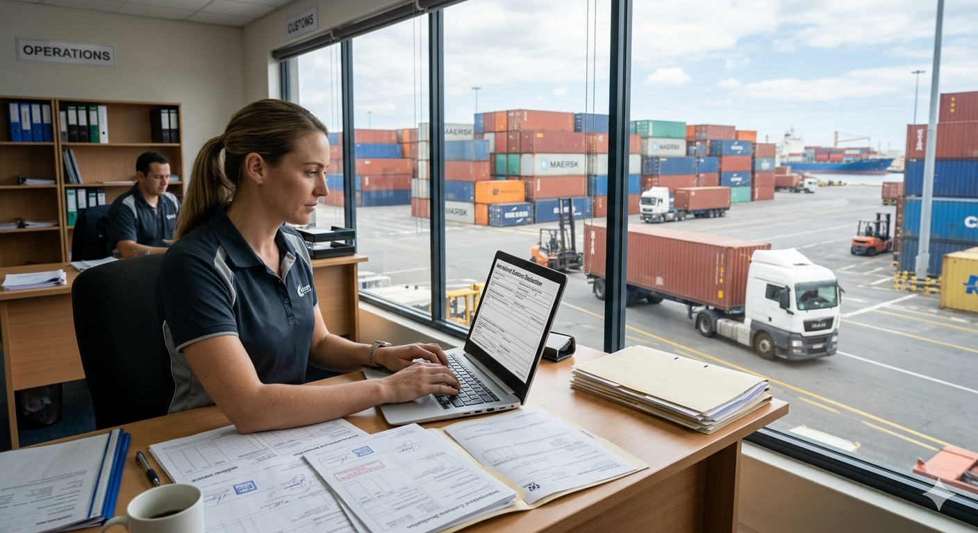 Customs clearance professional managing logistics at a busy port