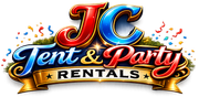Logo for JC Tent & Party Rentals featuring stylized red and blue lettering, confetti, and a gold banner.