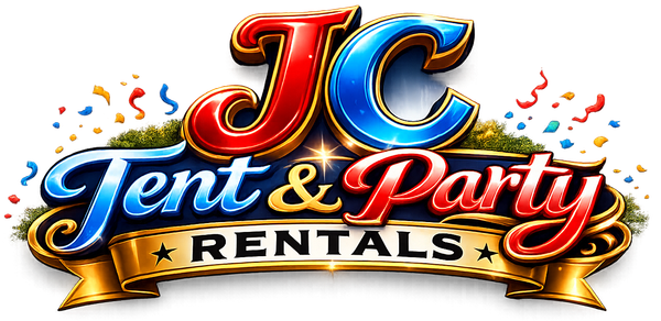 Logo for JC Tent & Party Rentals featuring stylized red and blue lettering, confetti, and a gold banner.