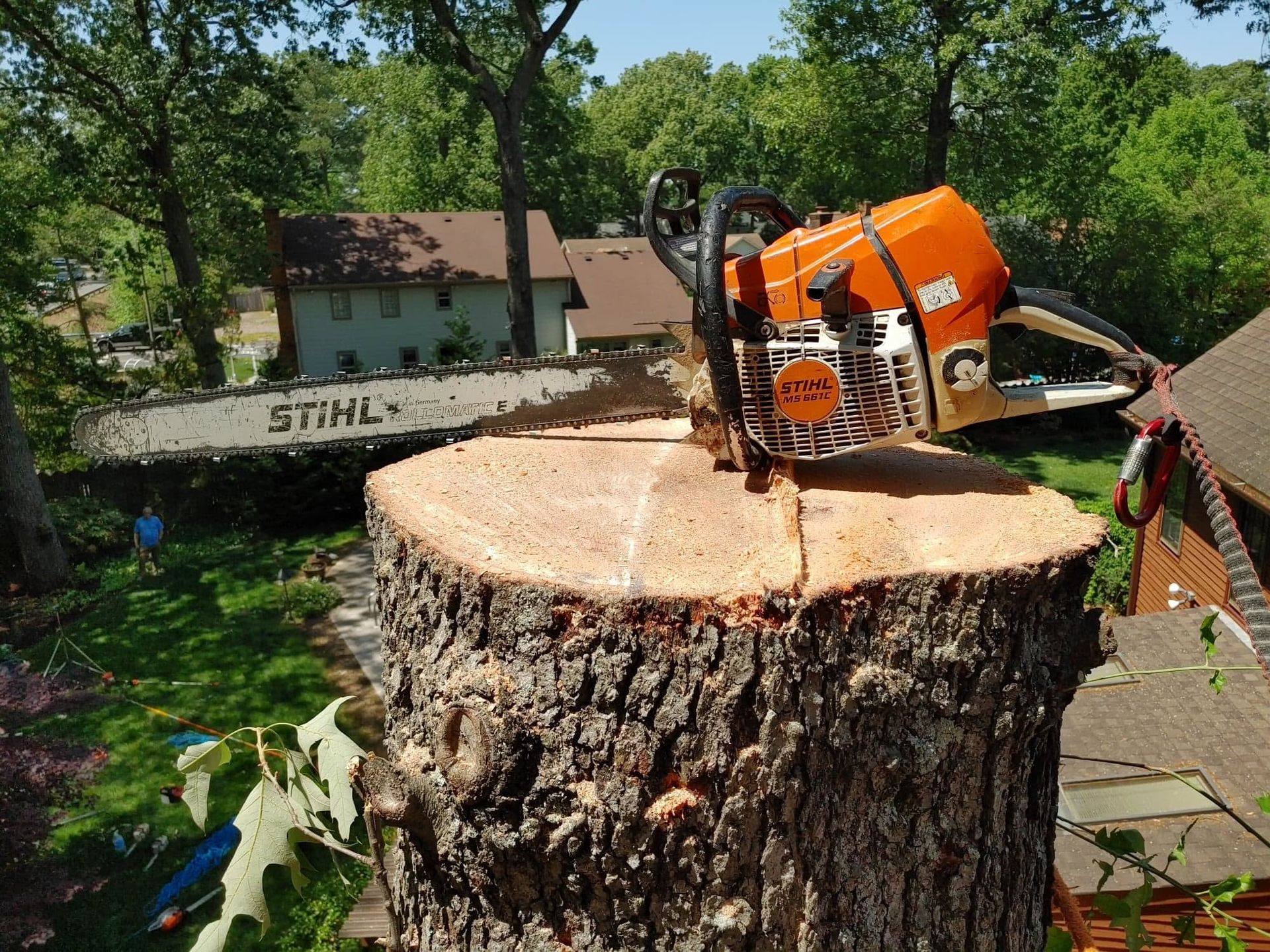 Chainsaw cutting a large tree stump in a backyard, with an orange STIHL saw and log in the background