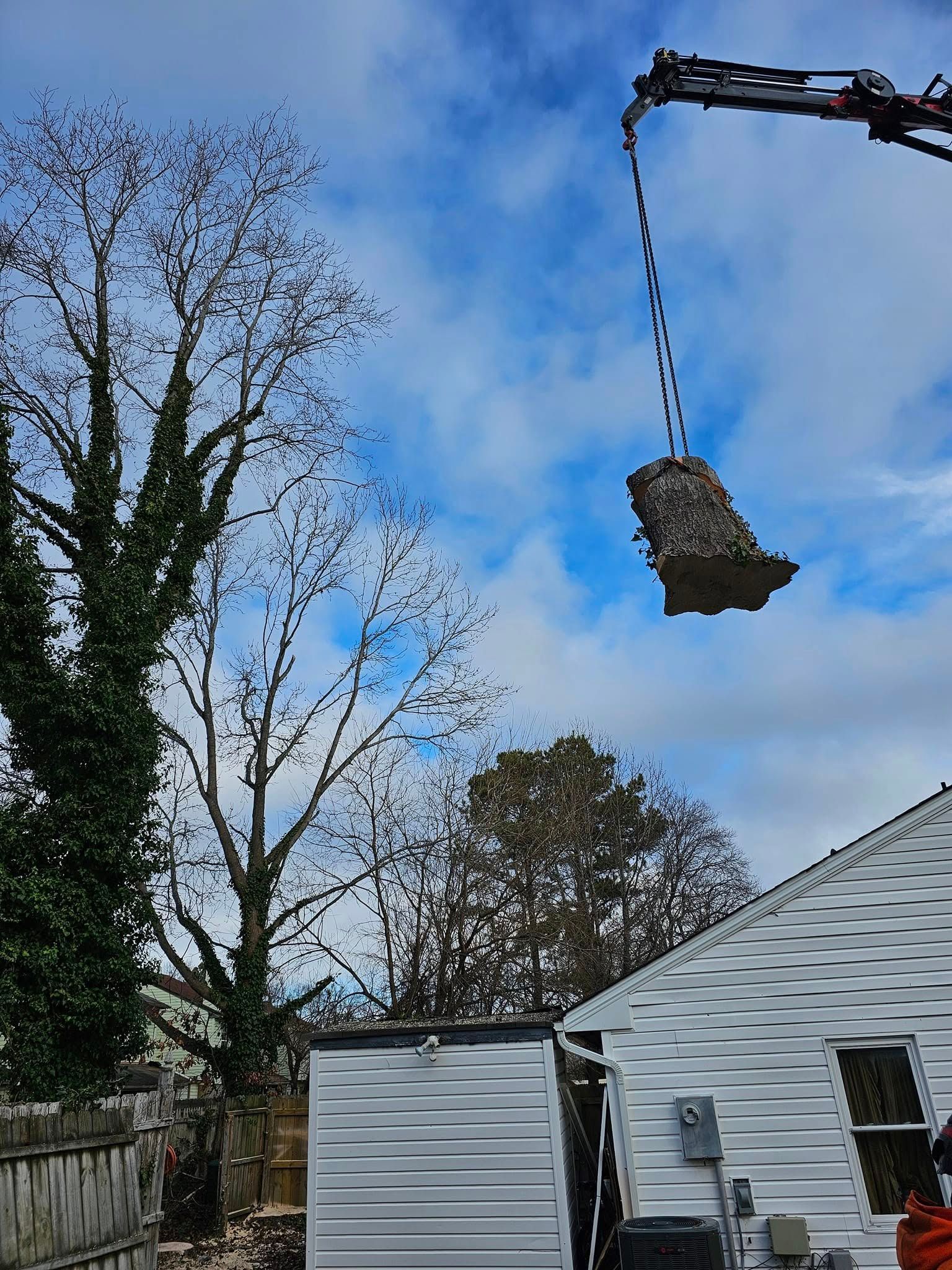 Crane lifting a large object over a backyard with trees and a white house under a blue sky