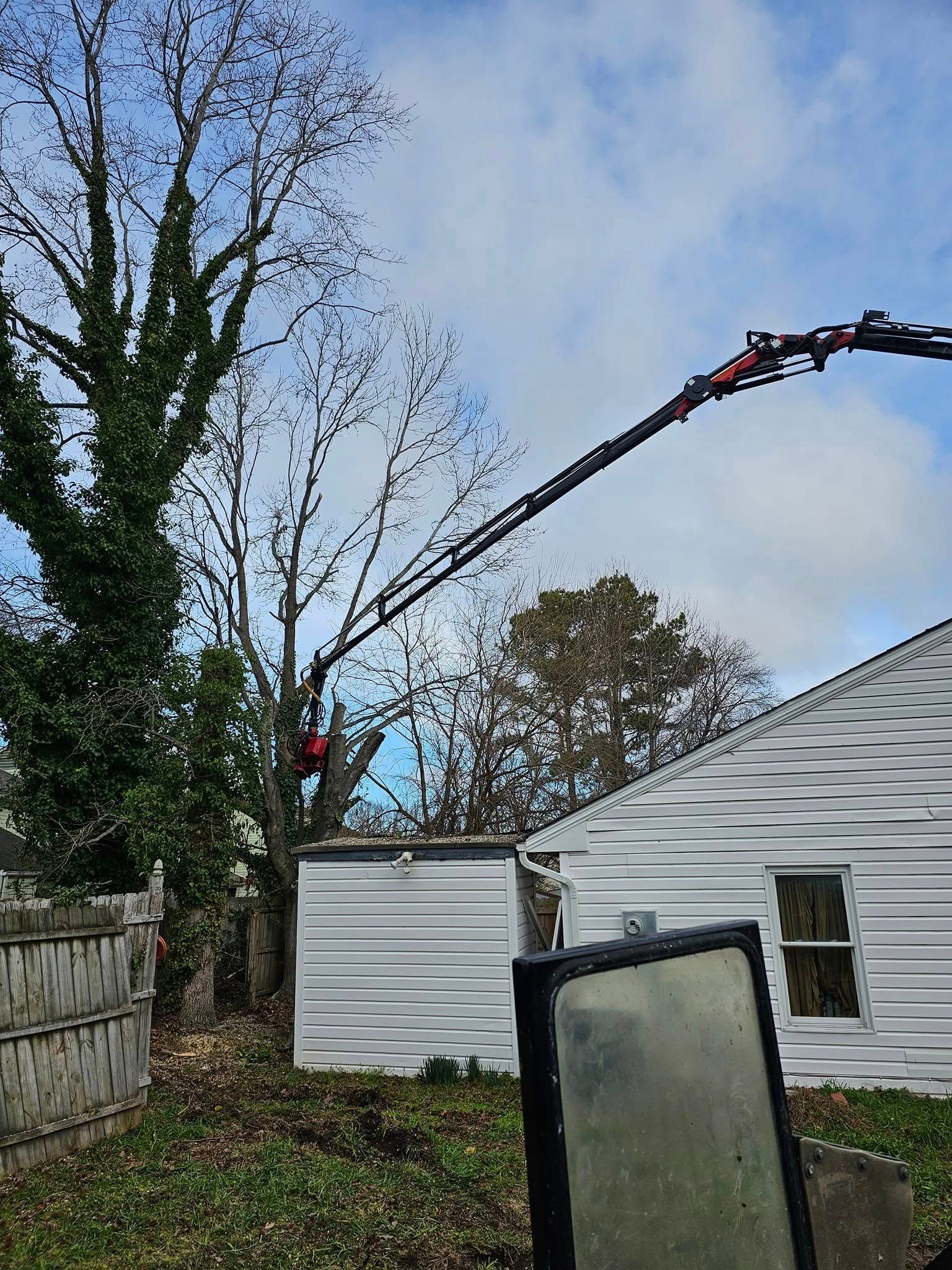 Tree trimming crane extending over a yard beside a white house and shed on an overcast day