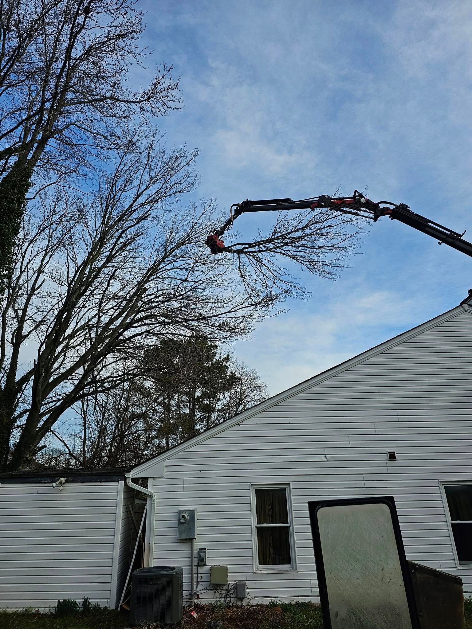 Broken tree limb hanging over a white house with a ladder near the roof on a clear day