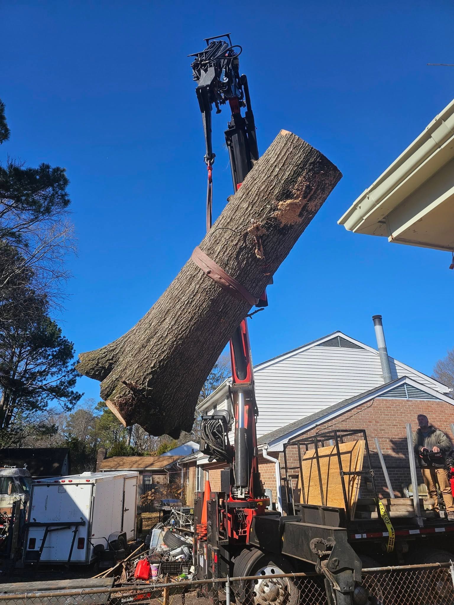 A crane lifts a large uprooted tree trunk over a suburban yard on a sunny day.