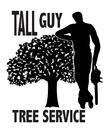 Tall Guy Tree Service logo with black silhouette of a tree and worker on white background
