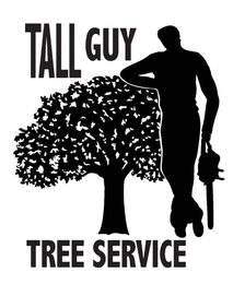 Tall Guy Tree Service logo with black silhouette of a tree and worker on white background