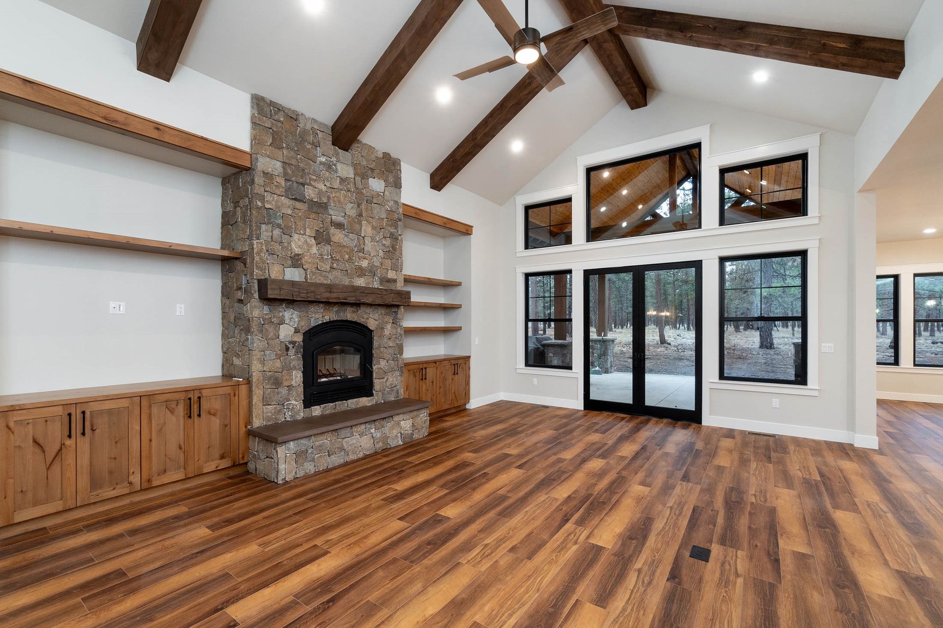 There is a fireplace in the middle of the room.