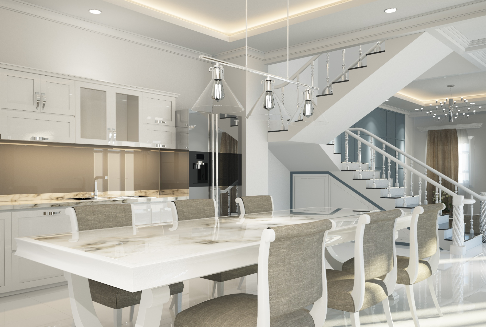 There is a dining room table and chairs in the middle of the room.