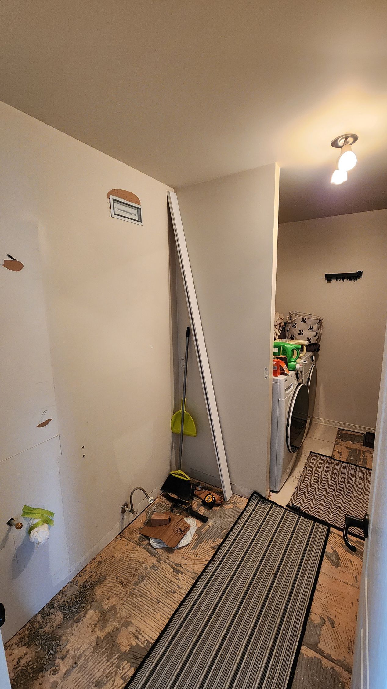A room with a rug on the floor and a ladder on the wall.