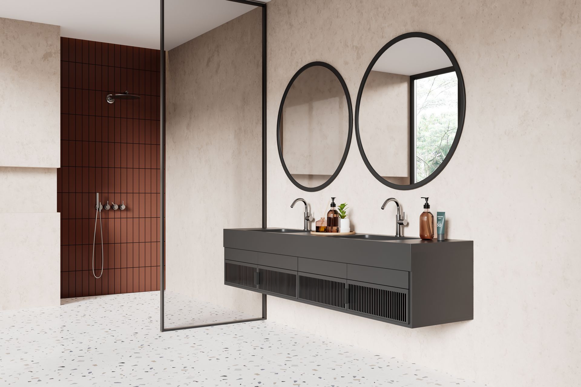 Une salle de bain avec deux lavabos et deux miroirs au mur
