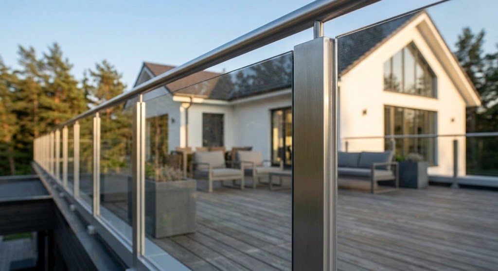Glass railing along a tiled walkway with a metal handrail in a dim indoor corridor