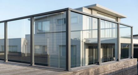 Glass railing on a modern rooftop terrace beside a house under a clear blue sky
